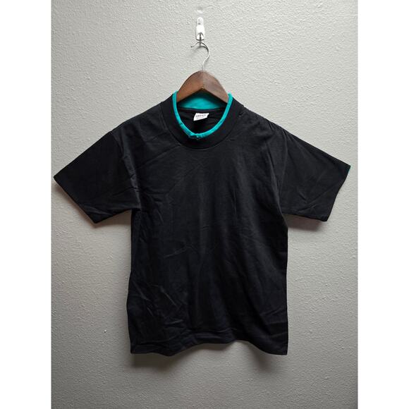 Vintage Black Blank Shirt Signal Sport 90s Blue double Sleeve Tee Mens Small - Picture 1 of 6